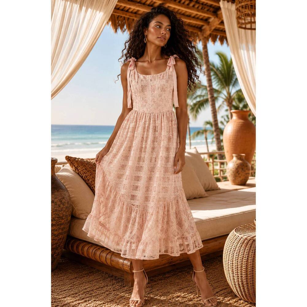 NEW SURELYMINE garden lace tiered midi dress in blush